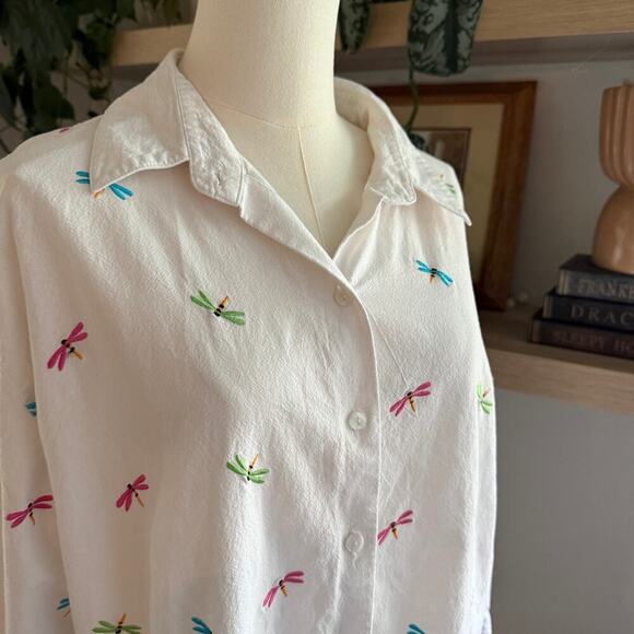 Vintage Casey Coleman Embroidered Dragonfly Button Down Shirt White 1X Cotton - Picture 4 of 7